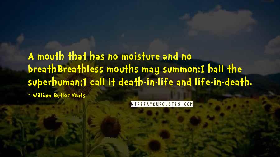 William Butler Yeats Quotes: A mouth that has no moisture and no breathBreathless mouths may summon;I hail the superhuman;I call it death-in-life and life-in-death.