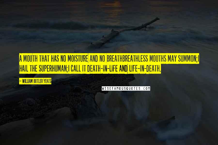 William Butler Yeats Quotes: A mouth that has no moisture and no breathBreathless mouths may summon;I hail the superhuman;I call it death-in-life and life-in-death.