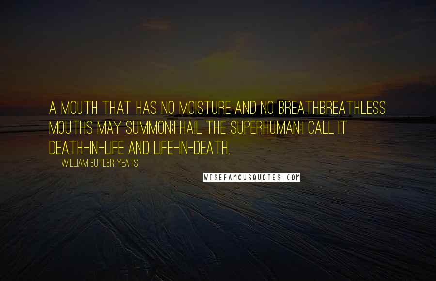 William Butler Yeats Quotes: A mouth that has no moisture and no breathBreathless mouths may summon;I hail the superhuman;I call it death-in-life and life-in-death.