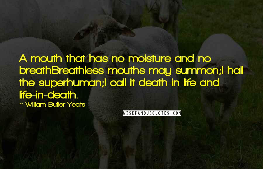 William Butler Yeats Quotes: A mouth that has no moisture and no breathBreathless mouths may summon;I hail the superhuman;I call it death-in-life and life-in-death.