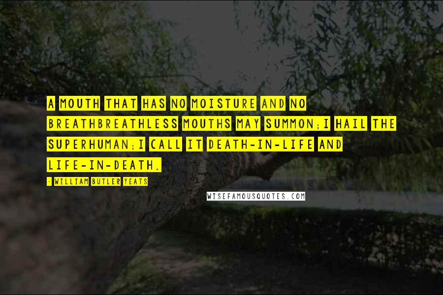 William Butler Yeats Quotes: A mouth that has no moisture and no breathBreathless mouths may summon;I hail the superhuman;I call it death-in-life and life-in-death.