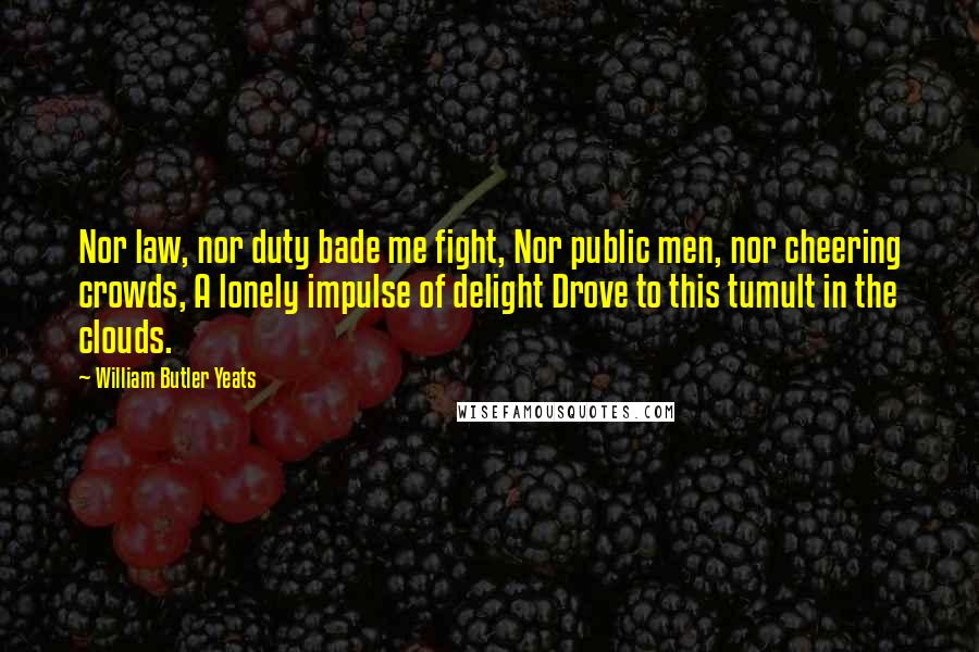 William Butler Yeats Quotes: Nor law, nor duty bade me fight, Nor public men, nor cheering crowds, A lonely impulse of delight Drove to this tumult in the clouds.