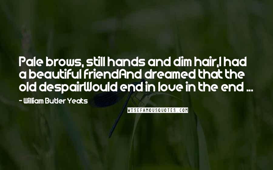 William Butler Yeats Quotes: Pale brows, still hands and dim hair,I had a beautiful friendAnd dreamed that the old despairWould end in love in the end ...