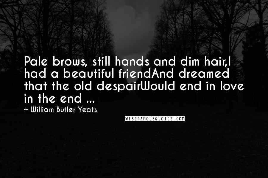 William Butler Yeats Quotes: Pale brows, still hands and dim hair,I had a beautiful friendAnd dreamed that the old despairWould end in love in the end ...