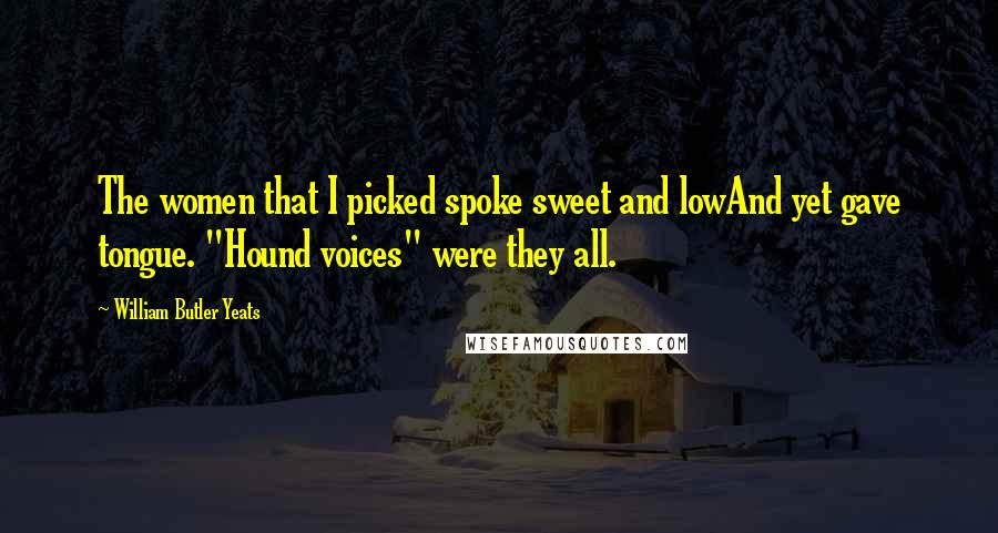 William Butler Yeats Quotes: The women that I picked spoke sweet and lowAnd yet gave tongue. "Hound voices" were they all.