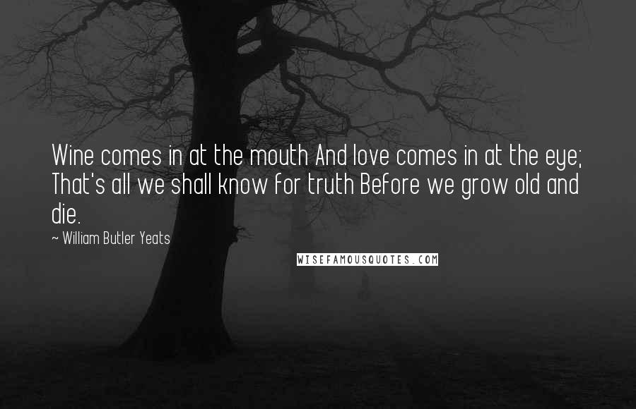 William Butler Yeats Quotes: Wine comes in at the mouth And love comes in at the eye; That's all we shall know for truth Before we grow old and die.