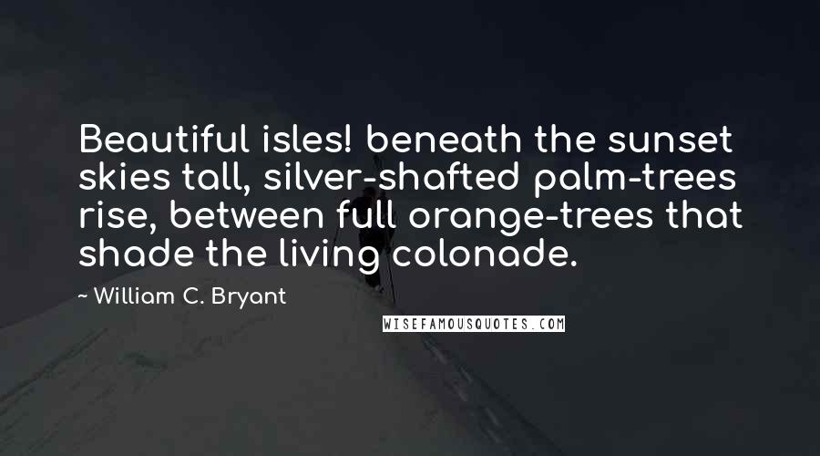 William C. Bryant Quotes: Beautiful isles! beneath the sunset skies tall, silver-shafted palm-trees rise, between full orange-trees that shade the living colonade.