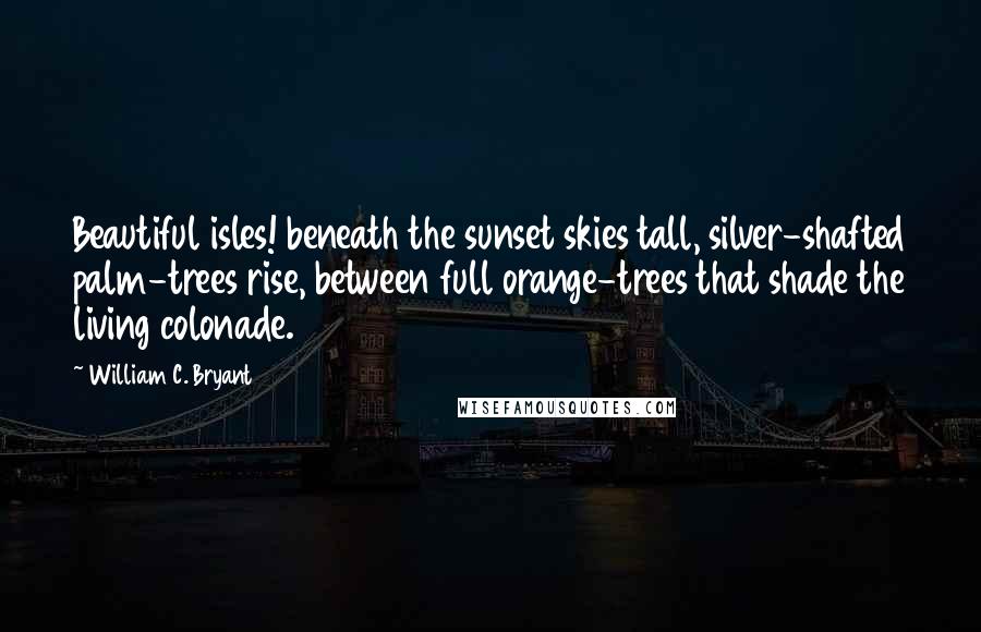 William C. Bryant Quotes: Beautiful isles! beneath the sunset skies tall, silver-shafted palm-trees rise, between full orange-trees that shade the living colonade.