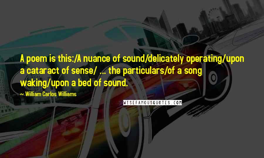 William Carlos Williams Quotes: A poem is this:/A nuance of sound/delicately operating/upon a cataract of sense/ ... the particulars/of a song waking/upon a bed of sound.