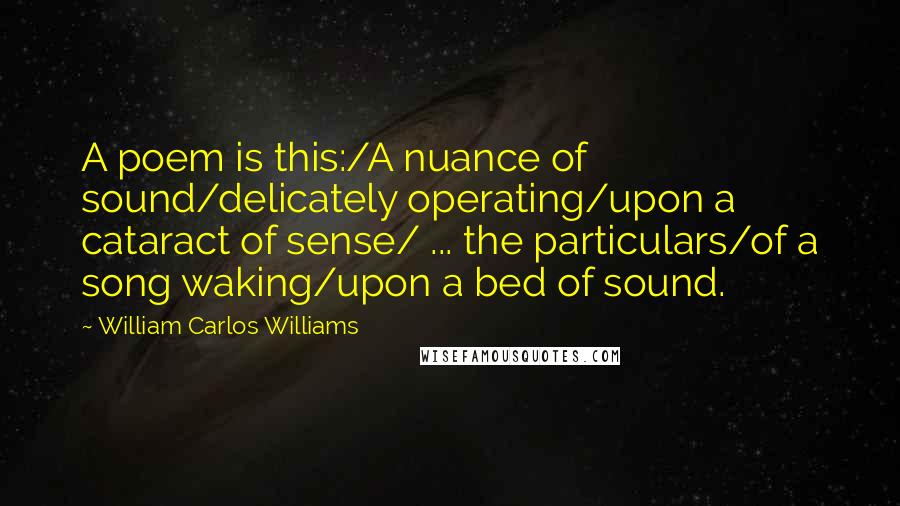 William Carlos Williams Quotes: A poem is this:/A nuance of sound/delicately operating/upon a cataract of sense/ ... the particulars/of a song waking/upon a bed of sound.