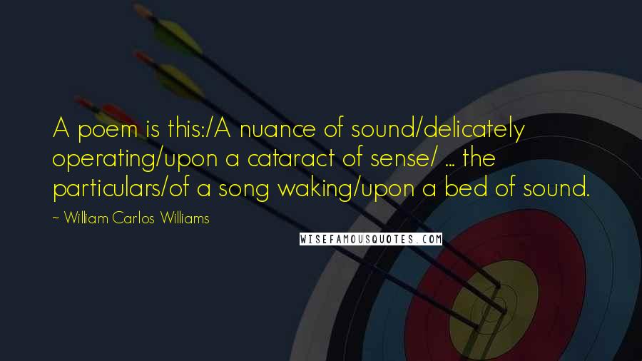 William Carlos Williams Quotes: A poem is this:/A nuance of sound/delicately operating/upon a cataract of sense/ ... the particulars/of a song waking/upon a bed of sound.