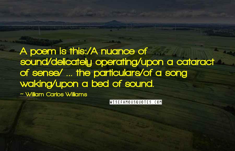 William Carlos Williams Quotes: A poem is this:/A nuance of sound/delicately operating/upon a cataract of sense/ ... the particulars/of a song waking/upon a bed of sound.