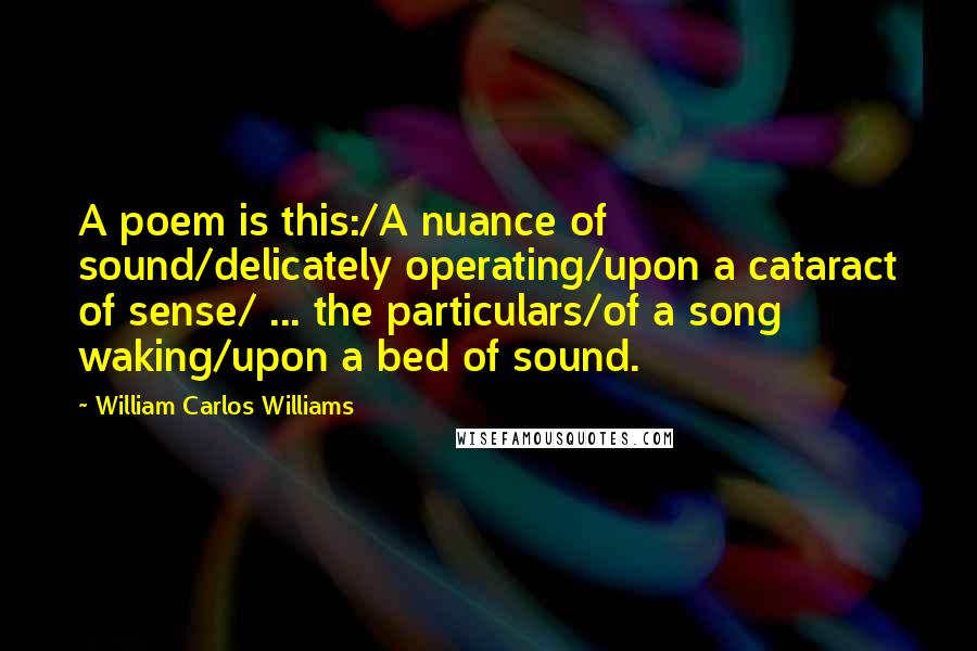 William Carlos Williams Quotes: A poem is this:/A nuance of sound/delicately operating/upon a cataract of sense/ ... the particulars/of a song waking/upon a bed of sound.