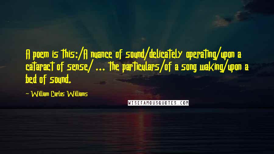 William Carlos Williams Quotes: A poem is this:/A nuance of sound/delicately operating/upon a cataract of sense/ ... the particulars/of a song waking/upon a bed of sound.