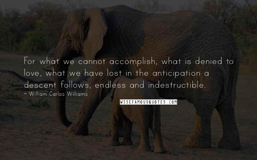 William Carlos Williams Quotes: For what we cannot accomplish, what is denied to love, what we have lost in the anticipation a descent follows, endless and indestructible.