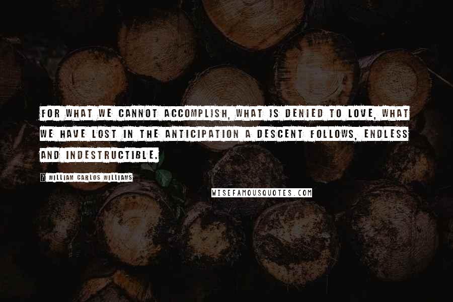 William Carlos Williams Quotes: For what we cannot accomplish, what is denied to love, what we have lost in the anticipation a descent follows, endless and indestructible.