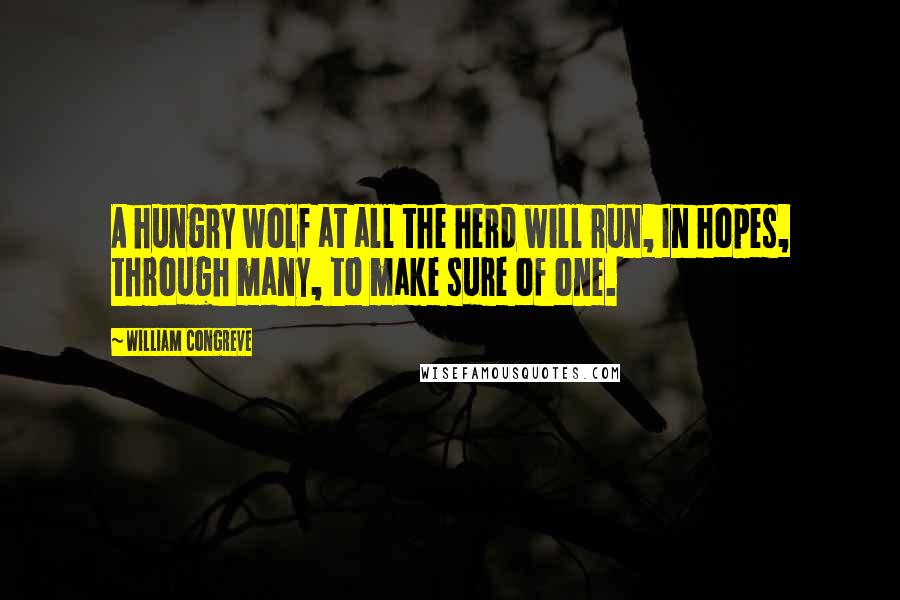 William Congreve Quotes: A hungry wolf at all the herd will run, In hopes, through many, to make sure of one.