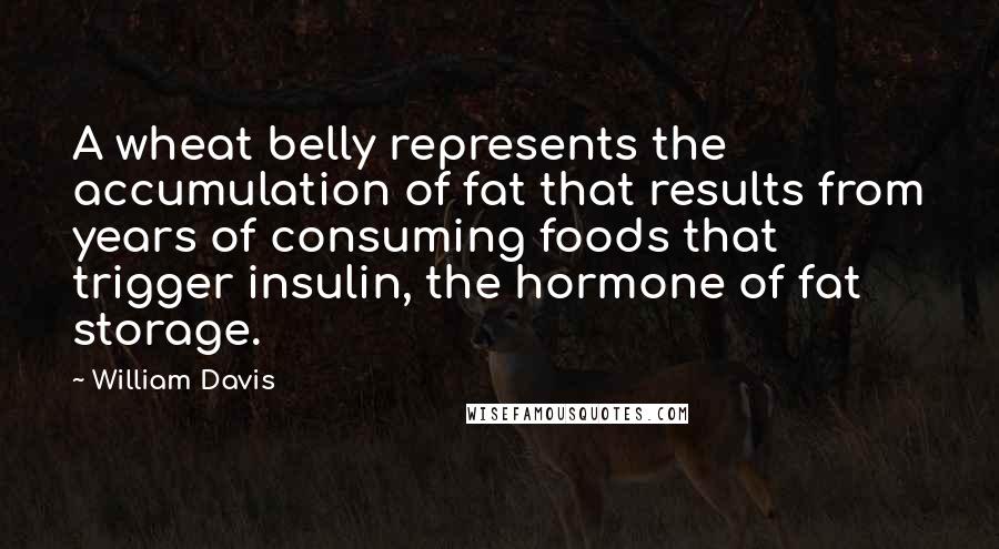 William Davis Quotes: A wheat belly represents the accumulation of fat that results from years of consuming foods that trigger insulin, the hormone of fat storage.
