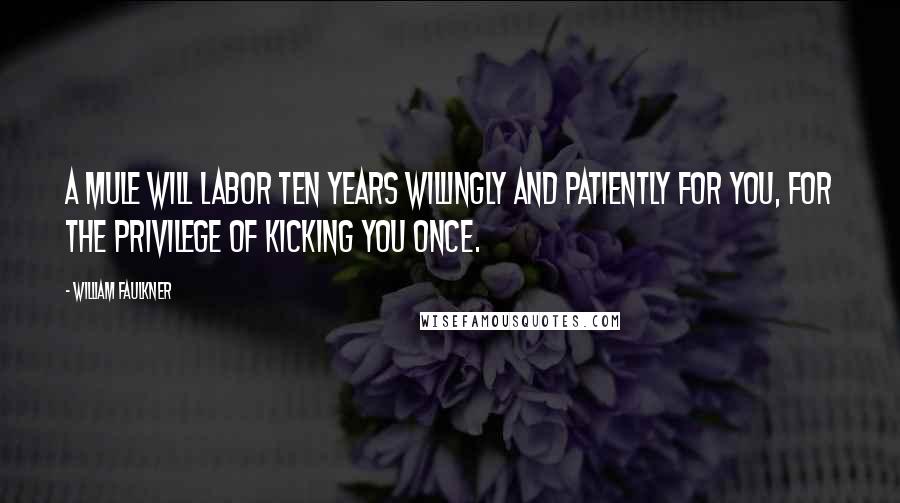 William Faulkner Quotes: A mule will labor ten years willingly and patiently for you, for the privilege of kicking you once.