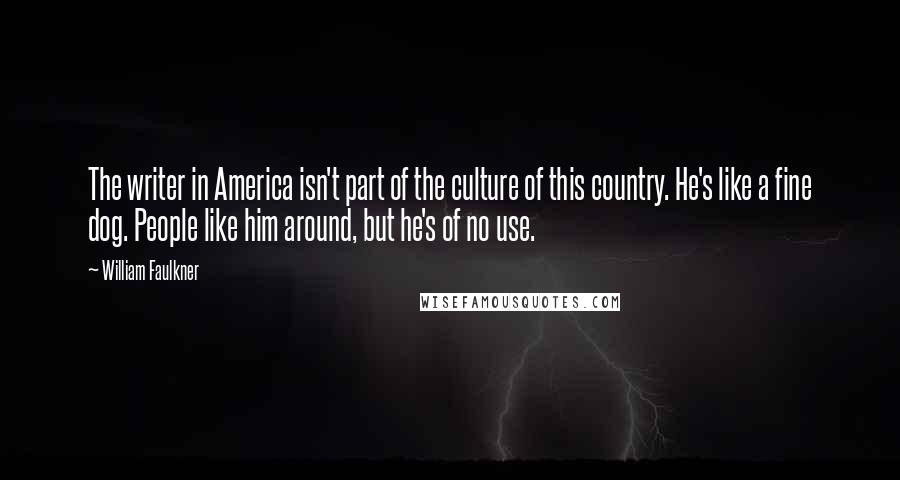 William Faulkner Quotes: The writer in America isn't part of the culture of this country. He's like a fine dog. People like him around, but he's of no use.