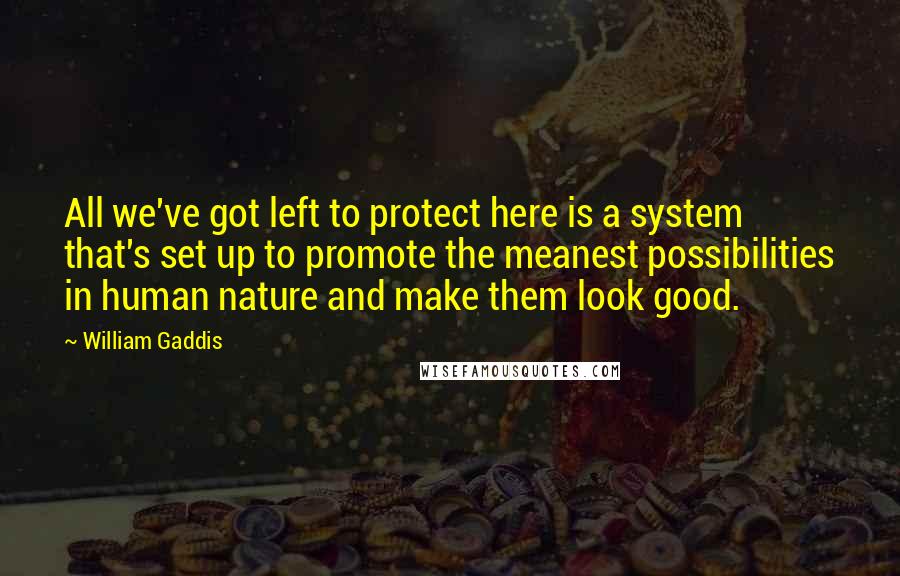 William Gaddis Quotes: All we've got left to protect here is a system that's set up to promote the meanest possibilities in human nature and make them look good.