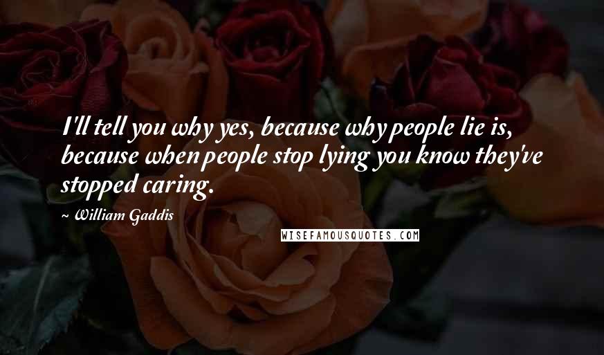 William Gaddis Quotes: I'll tell you why yes, because why people lie is, because when people stop lying you know they've stopped caring.