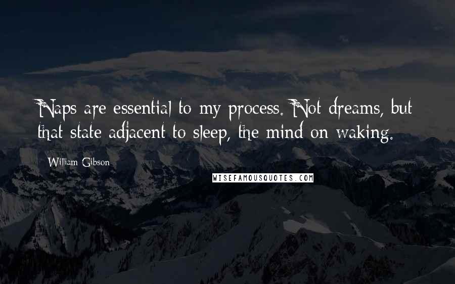 William Gibson Quotes: Naps are essential to my process. Not dreams, but that state adjacent to sleep, the mind on waking.