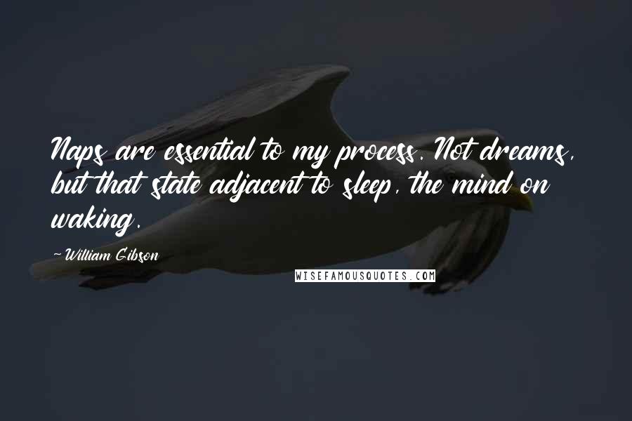 William Gibson Quotes: Naps are essential to my process. Not dreams, but that state adjacent to sleep, the mind on waking.