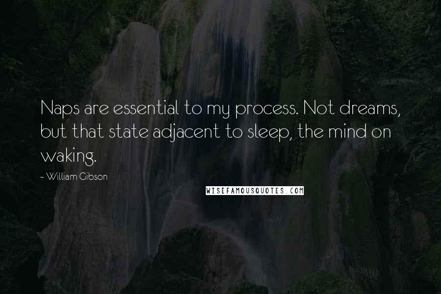 William Gibson Quotes: Naps are essential to my process. Not dreams, but that state adjacent to sleep, the mind on waking.