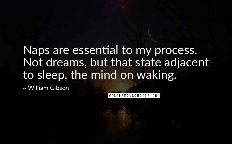 William Gibson Quotes: Naps are essential to my process. Not dreams, but that state adjacent to sleep, the mind on waking.