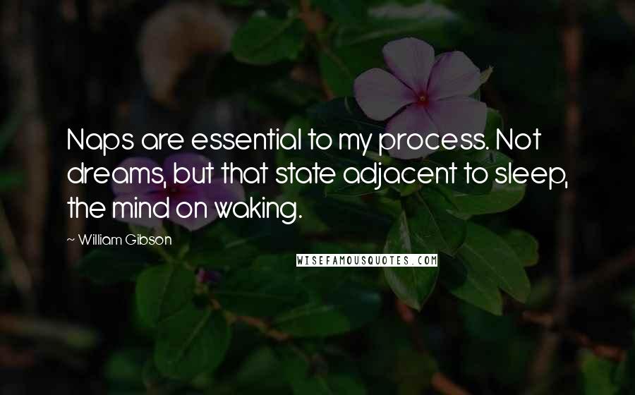 William Gibson Quotes: Naps are essential to my process. Not dreams, but that state adjacent to sleep, the mind on waking.