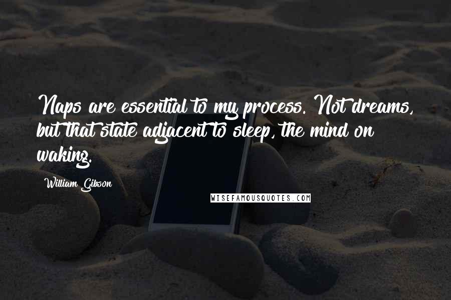 William Gibson Quotes: Naps are essential to my process. Not dreams, but that state adjacent to sleep, the mind on waking.