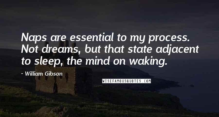 William Gibson Quotes: Naps are essential to my process. Not dreams, but that state adjacent to sleep, the mind on waking.