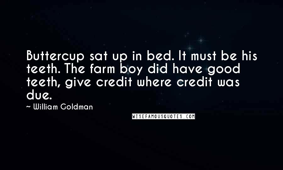 William Goldman Quotes: Buttercup sat up in bed. It must be his teeth. The farm boy did have good teeth, give credit where credit was due.