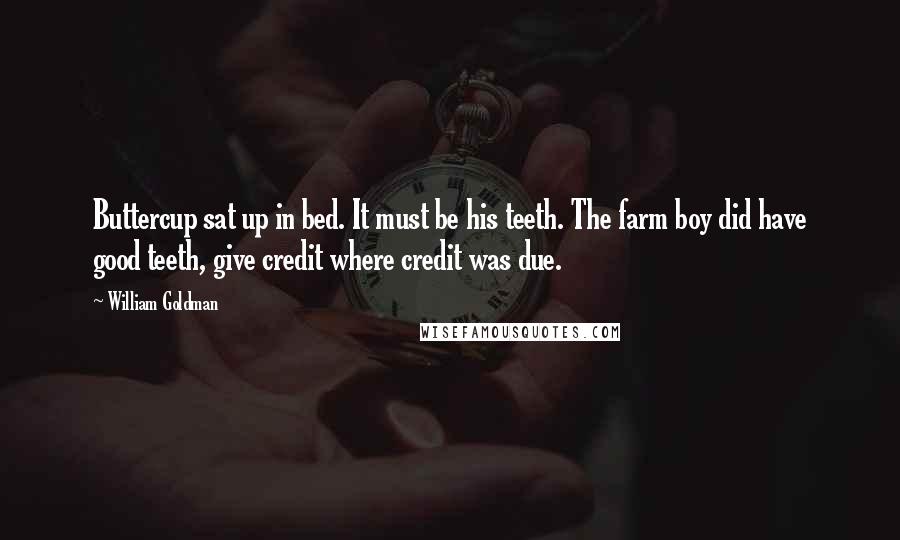 William Goldman Quotes: Buttercup sat up in bed. It must be his teeth. The farm boy did have good teeth, give credit where credit was due.