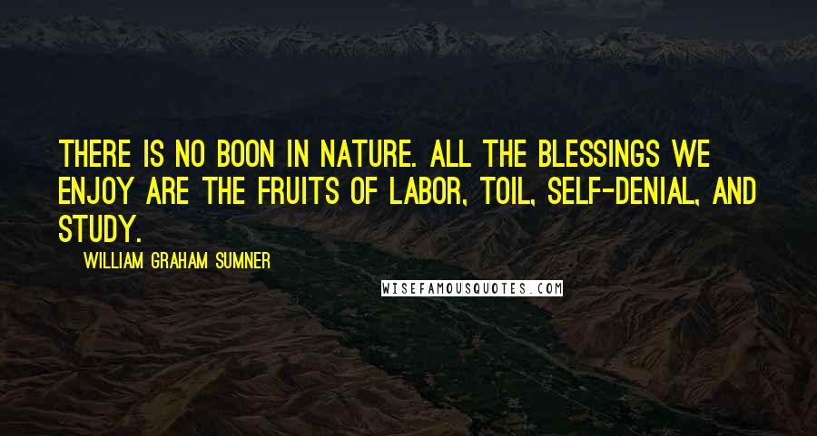 William Graham Sumner Quotes: There is no boon in nature. All the blessings we enjoy are the fruits of labor, toil, self-denial, and study.