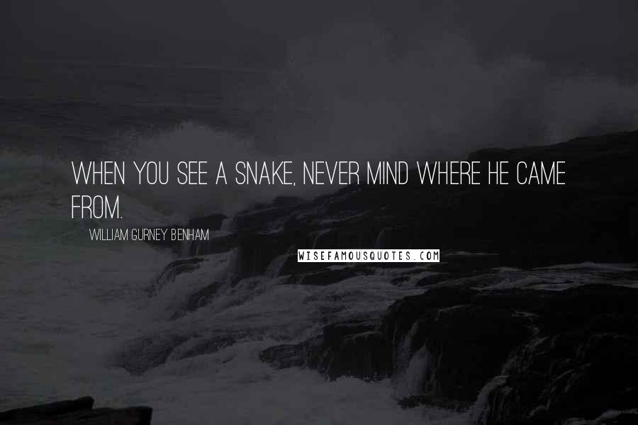 William Gurney Benham Quotes: When you see a snake, never mind where he came from.