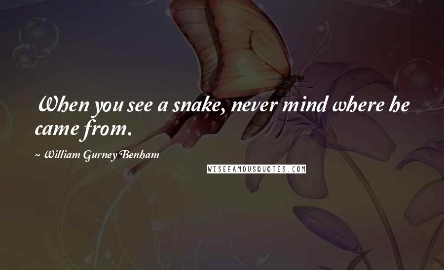 William Gurney Benham Quotes: When you see a snake, never mind where he came from.