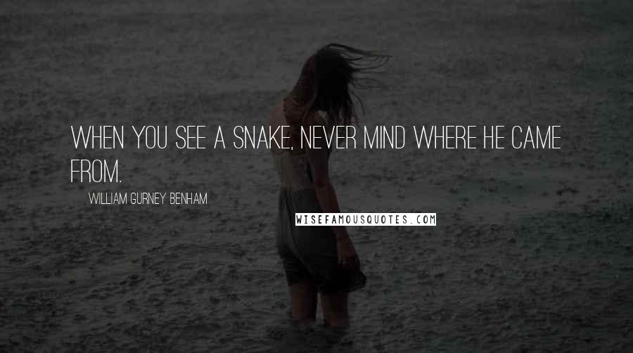 William Gurney Benham Quotes: When you see a snake, never mind where he came from.