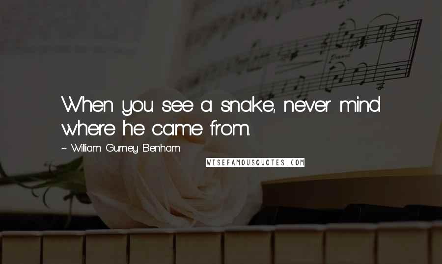 William Gurney Benham Quotes: When you see a snake, never mind where he came from.