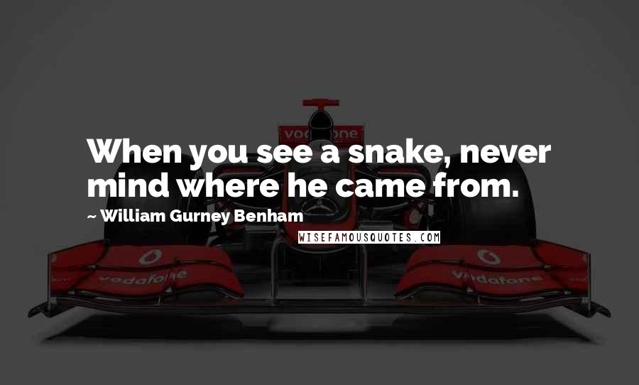 William Gurney Benham Quotes: When you see a snake, never mind where he came from.
