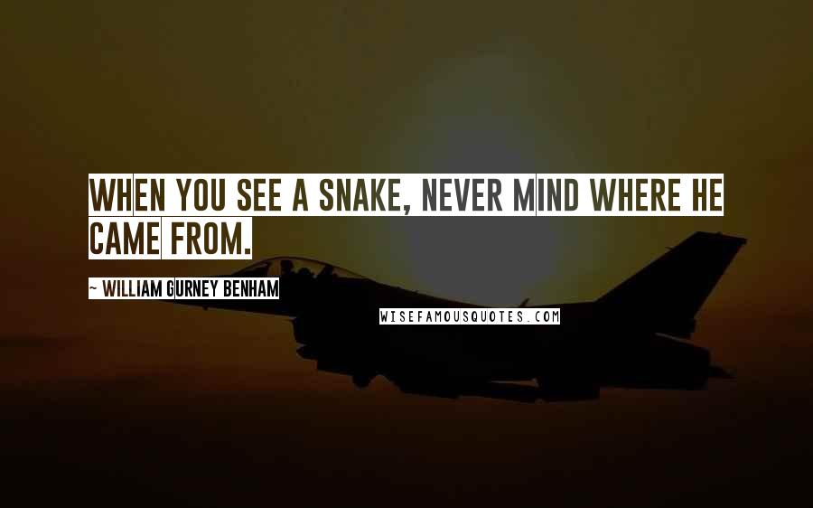 William Gurney Benham Quotes: When you see a snake, never mind where he came from.