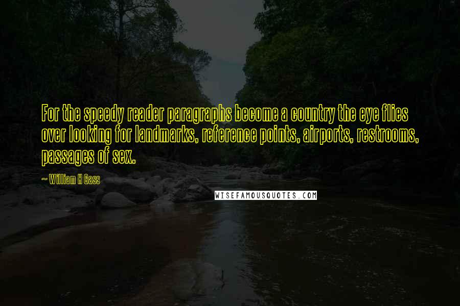 William H Gass Quotes: For the speedy reader paragraphs become a country the eye flies over looking for landmarks, reference points, airports, restrooms, passages of sex.