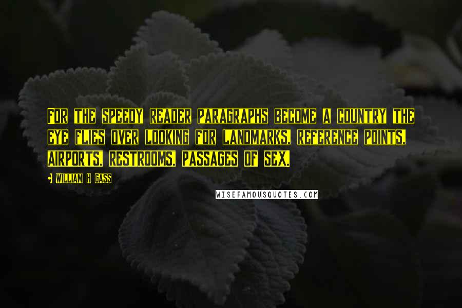 William H Gass Quotes: For the speedy reader paragraphs become a country the eye flies over looking for landmarks, reference points, airports, restrooms, passages of sex.