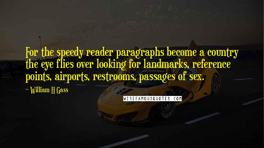 William H Gass Quotes: For the speedy reader paragraphs become a country the eye flies over looking for landmarks, reference points, airports, restrooms, passages of sex.