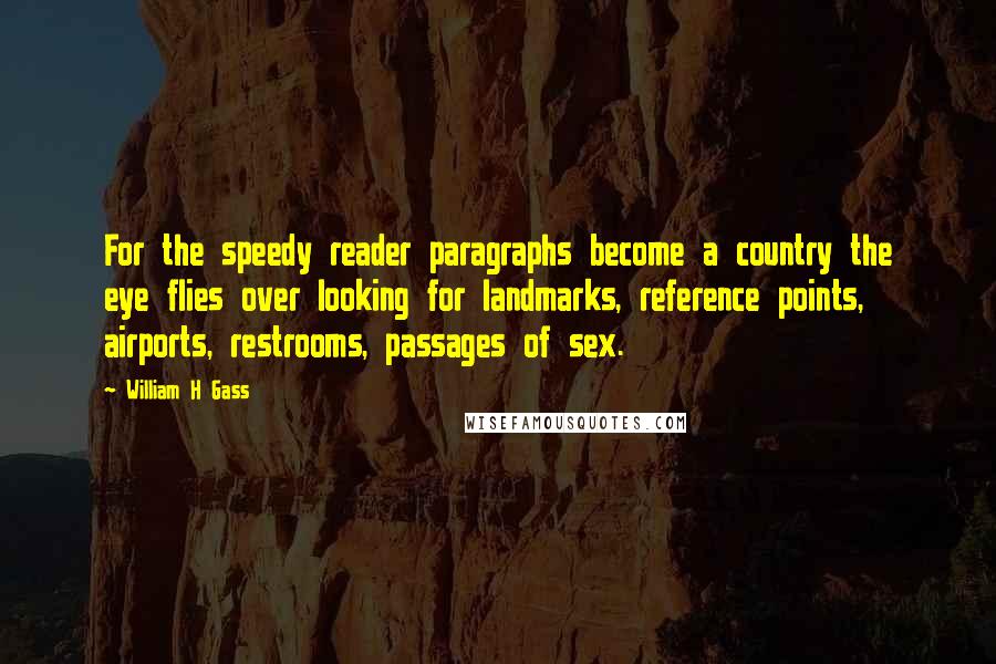 William H Gass Quotes: For the speedy reader paragraphs become a country the eye flies over looking for landmarks, reference points, airports, restrooms, passages of sex.