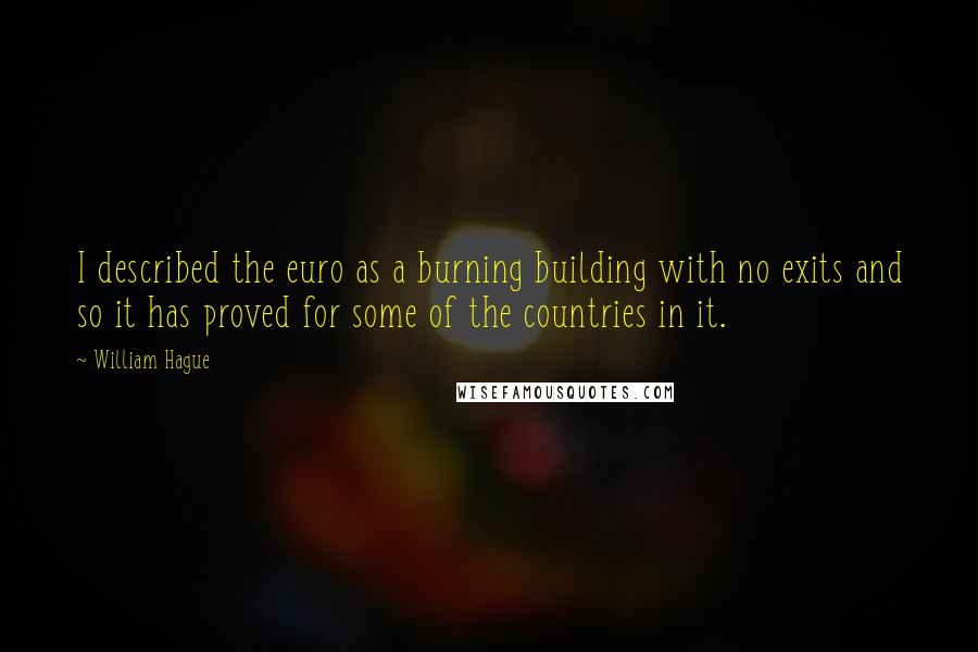 William Hague Quotes: I described the euro as a burning building with no exits and so it has proved for some of the countries in it.