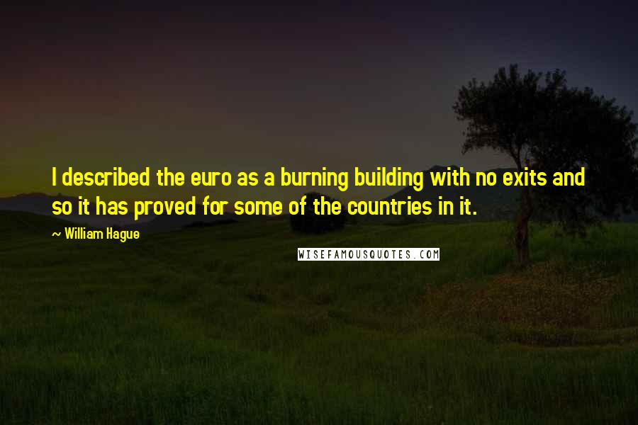 William Hague Quotes: I described the euro as a burning building with no exits and so it has proved for some of the countries in it.