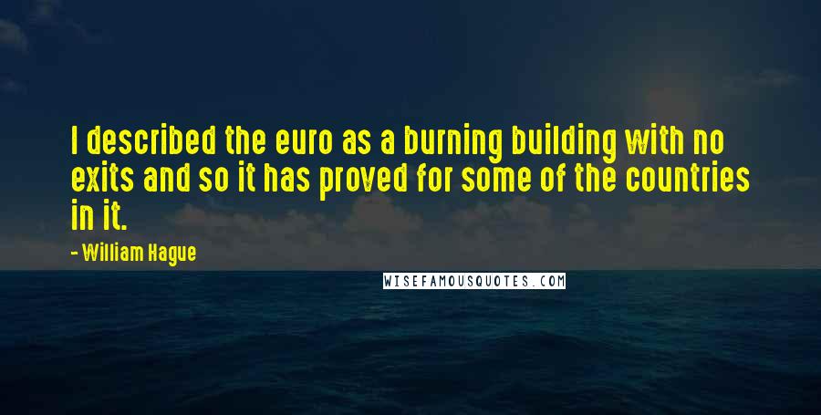 William Hague Quotes: I described the euro as a burning building with no exits and so it has proved for some of the countries in it.