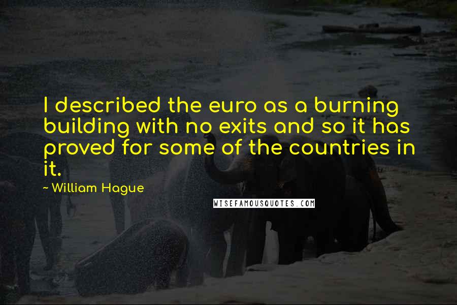 William Hague Quotes: I described the euro as a burning building with no exits and so it has proved for some of the countries in it.